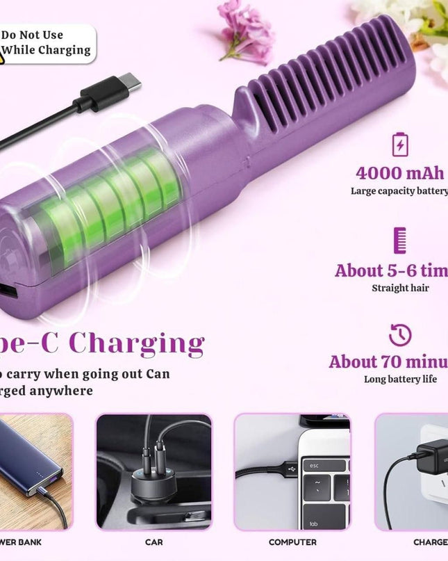 Meneflix Portable Mini Hair Straightener Cordless Rechargeable Mini Adjustable Hair Straightener Hot Comb