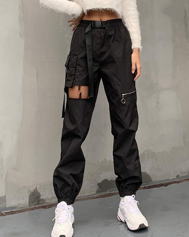 Womens High Waisted Cargo Pants Hollow Punk Pants Pockets Casual Loose Combat Twill Trousers with Belt (Black, L)