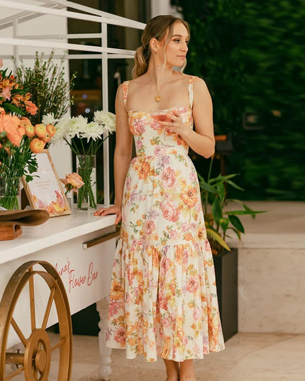 Mingmingxi Summer Elegant Holiday Dress 2024 Causal Ruffle Hems Fit and Flare Dress with Pocket Mid Length Floral Print Dress