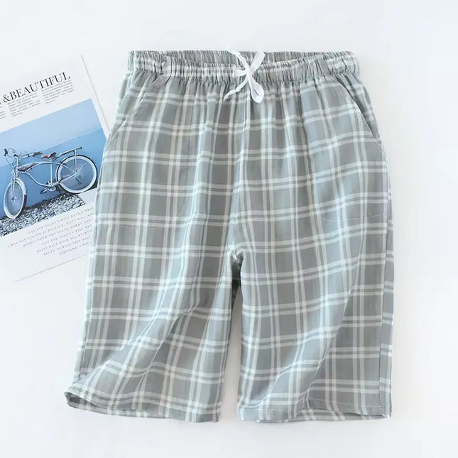 Men'S Cotton Gauze Trousers Plaid Knitted Sleep Pants Woman Pajamas Pants Bottoms Sleepwear Short for Couples Pijama Hombre