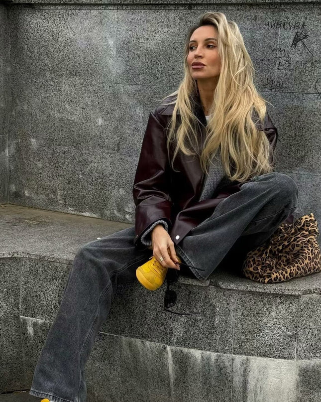 Solid Color Lapel Zipper Jacket Fashion Casual Long Sleeve Leather Coat Tops Women Clothing