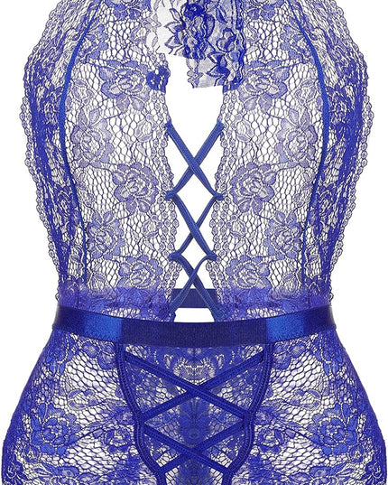 Plus Size Lingerie for Women Sexy Halter Teddy Bodysuit Lace Deep V One Piece Chemise Clubwear Blue,Xxl