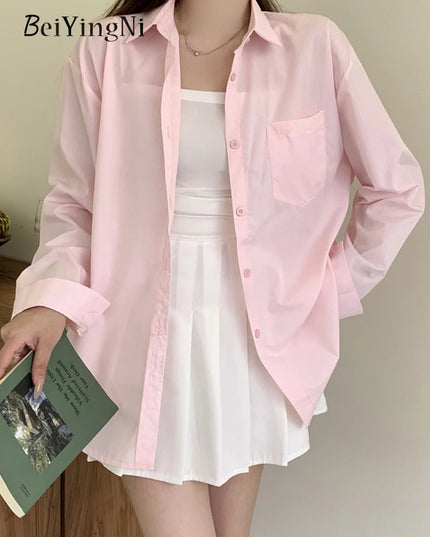 2024 Spring Autumn Women Shirts White Plain Loose Oversized Blouses Female Tops Loose BF Korean Style Blusas Pockets