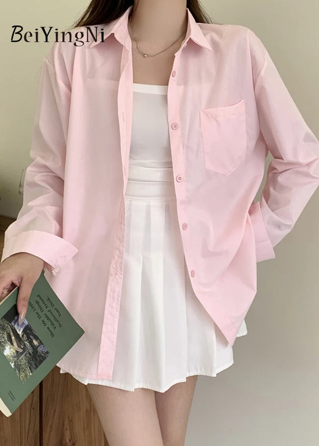 2024 Spring Autumn Women Shirts White Plain Loose Oversized Blouses Female Tops Loose BF Korean Style Blusas Pockets