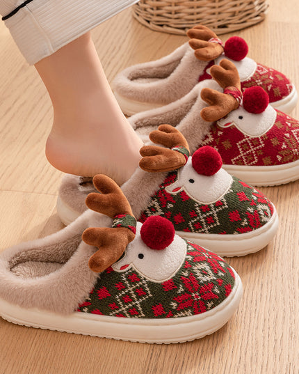 Cute Christmas Elk Plush Slippers Winter Ins Fashion Non-Slip Floor Bedroom Home Slippers for Women Fuzzy House Shoes
