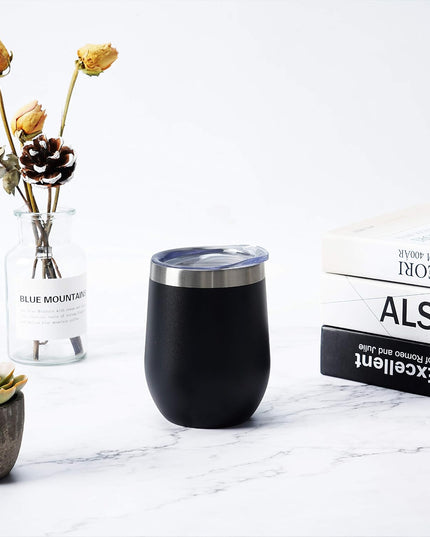 Stainless Steel Wine Tumbler 12Oz, Double Wall Vacuum Insulated Wine Tumbler with Lid and Straw, Stainless Steel Stemless Wine Glass for Wine, Coffee, Cocktails, Champaign, Ice Cream, Black
