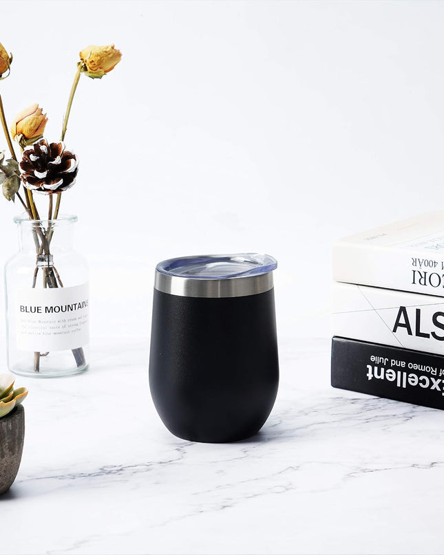 Stainless Steel Wine Tumbler 12Oz, Double Wall Vacuum Insulated Wine Tumbler with Lid and Straw, Stainless Steel Stemless Wine Glass for Wine, Coffee, Cocktails, Champaign, Ice Cream, Black