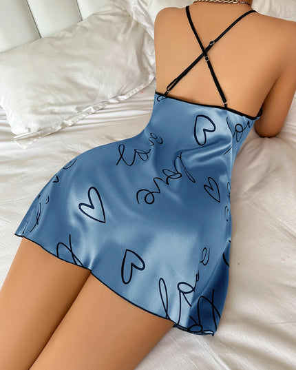 Heart Letter Print Nightdress Casual round Neck Spaghetti Strap Sleep Dress Women'S Sleepwear Dresses