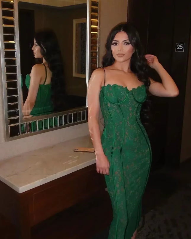 Summer Long Elegant Formal Occasion Dress Green Spaghetti Strap V Neck Lace Dress Vintage Birthday Party Dresses 2023