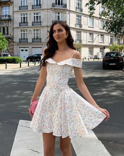 Fashion Summer Dresses 2024 Floral Print Short Party Dresses off the Shoulder Tulle Dress a Line Women'S Clothing