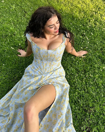 Mingmingxi Summer Dress Woman 2023 Trendy Green Long Lace up Beach Dress Elegant Split Midi Corset Dress Women Clothing