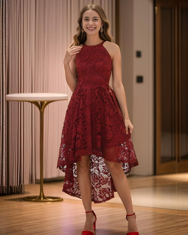 Women Halter Lace Wedding Guest Dress Hi-Lo Cocktail Party Bridesmaid Formal Dresses
