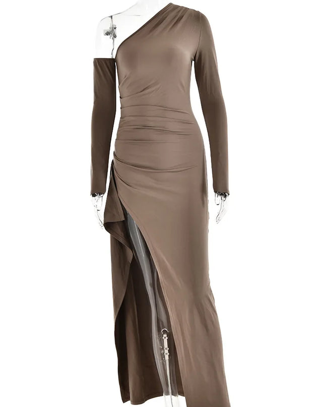 Oblique Shoulder Thigh High Split Maxi Dress Women Long Sleeve Backless Bodycon Sexy Club Party Long Dress Vestidos