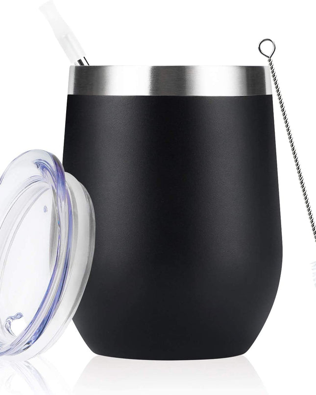 Stainless Steel Wine Tumbler 12Oz, Double Wall Vacuum Insulated Wine Tumbler with Lid and Straw, Stainless Steel Stemless Wine Glass for Wine, Coffee, Cocktails, Champaign, Ice Cream, Black
