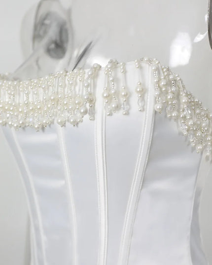 Luxury Strapless Women Cropped Top White Embellished Pearls and Beads Corset Tops Sexy Party Cocktail Clothing