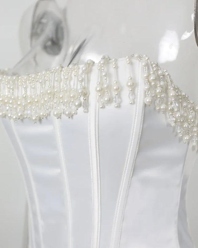 Luxury Strapless Women Cropped Top White Embellished Pearls and Beads Corset Tops Sexy Party Cocktail Clothing