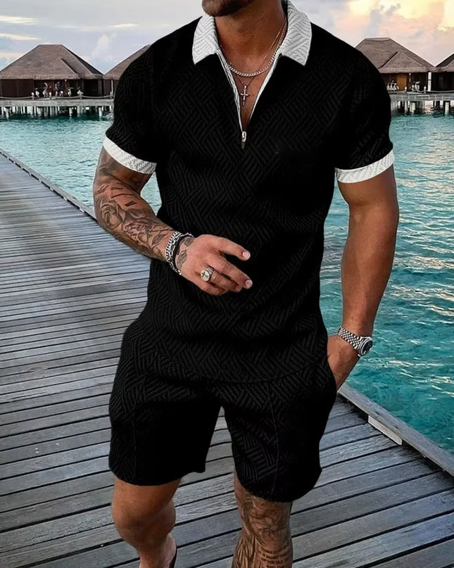 New 2025 Men'S Polo Suit Fashion Men Sets Solid Summer V-Neck Zipper Short Sleeve POLO Shirt+Shorts Two Pieces Men Casual Suit