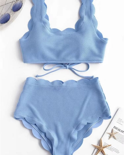 Solid Blue Two Pieces Swimsuit Bathing Suits Bikini Women Scalloped Textured High Waisted Bikini Set Lace up Bathing Suits XXL