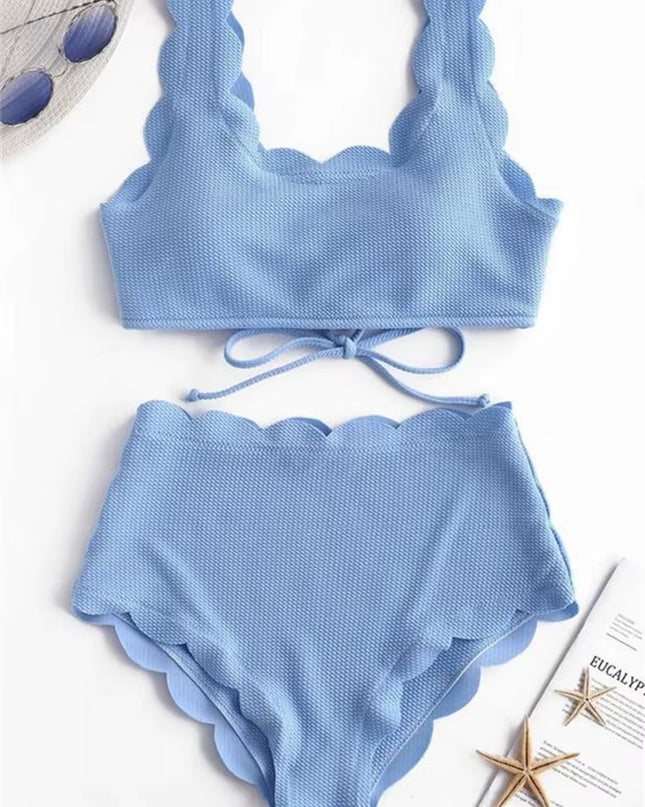 Solid Blue Two Pieces Swimsuit Bathing Suits Bikini Women Scalloped Textured High Waisted Bikini Set Lace up Bathing Suits XXL