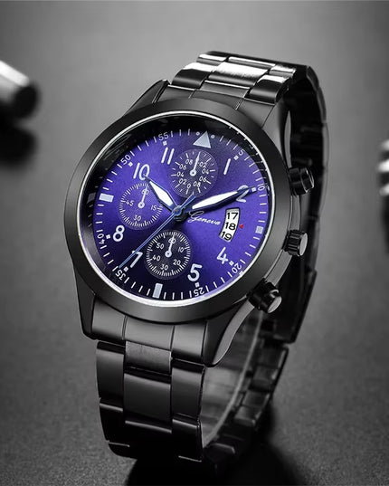 Geneva Watches Men Luxury Men Watches Black Stainless Steel Blue Face Quartz Watch Men Sports Watches Reloj Hombre Horloge Heren