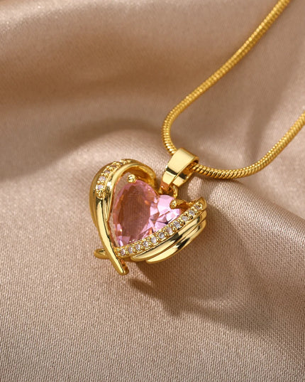Bohemia Pink Cubic Zirconia Necklace for Women Stainless Steel Heart Wings Pendant Necklaces Crystal Choker Couple Jewerly Gift