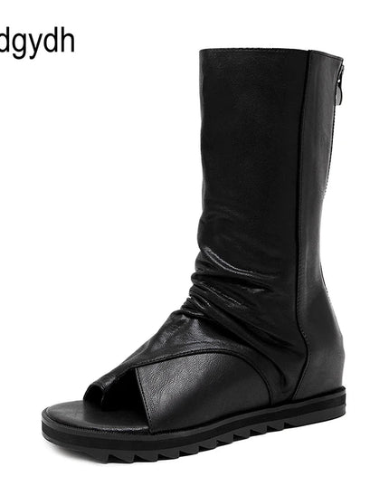 Zipper Design Black Women Shoes Wedges 2022 New Spring Autumn Open Toe Leather Mid-Calf Boots for Women Promotion Sale