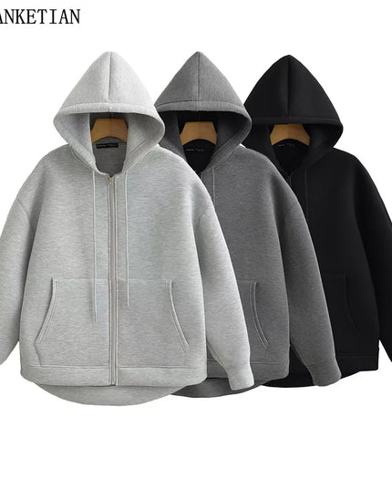 Winter New Women'S Zipper Hoodie High Street Unisex Style Double Pockets Oversize Loose Sweatshirts Outerwear Top