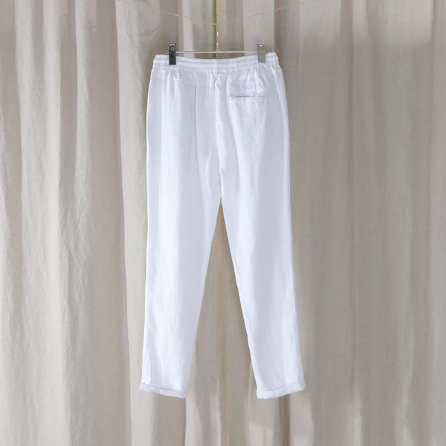 New Design Casual 100% Linen Long Pants Men Solid Fashion Brand Trousers for Men Elastic Waist Pantalones Pantaloni Un Pantalon