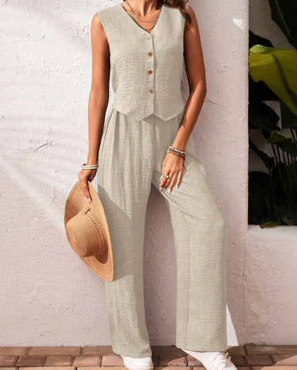 Frenchy Women'S Solid Color Front Button Sleeveless Blouse and Long Pants Casual Suit Set Fall Women Outfits Women Outfit Sets Winter Women Sets