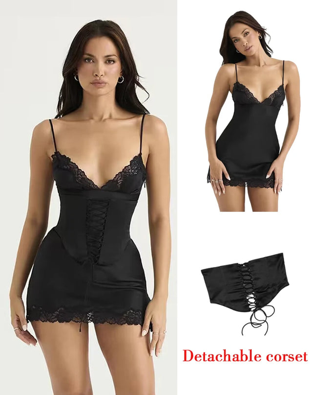 Sexy Lace Satin Slip Mini Dress with Corset Classy Simple Spaghetti Strap V Neck Black Party Dresses for Women