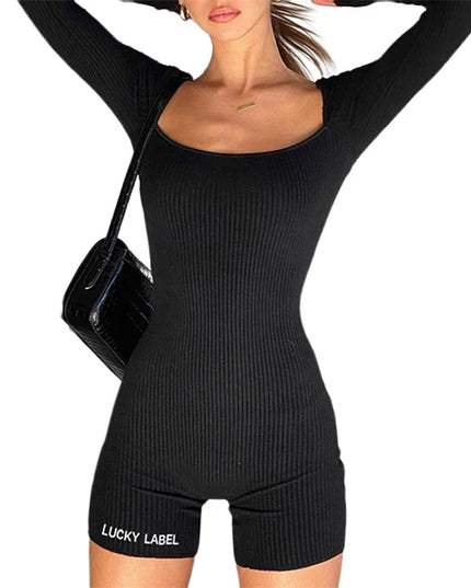 2021 New Women Solid Color Long Sleeve Summer Bodycon Playsuit Square Collar Ribbed Letter Embroidery Short Romper Sexy