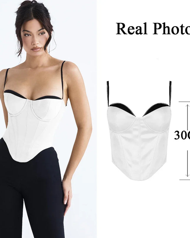 Thick Satin Bustier Corset Crop Top with Chest Pads Spaghetti Strap White Bodycon Top Summer Women Tops with Fishbone