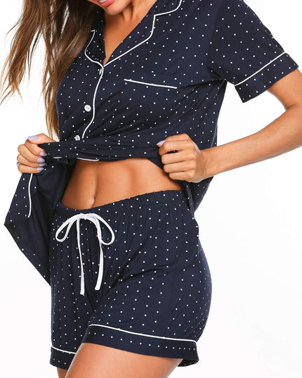 Pajamas Set Short Sleeve Sleepwear Womens Button down Nightwear Soft Pj Lounge Sets with Pocket S-4XL, Navy with White Dots, Large