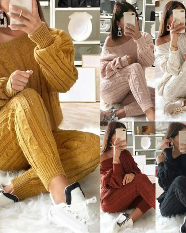 Hot Sale 2 Pieces Women'S Suit Winter Solid Color Knitted Pants Suit Women'S Long-Sleeved Knitted Casual Two-Piece Thick Sweater