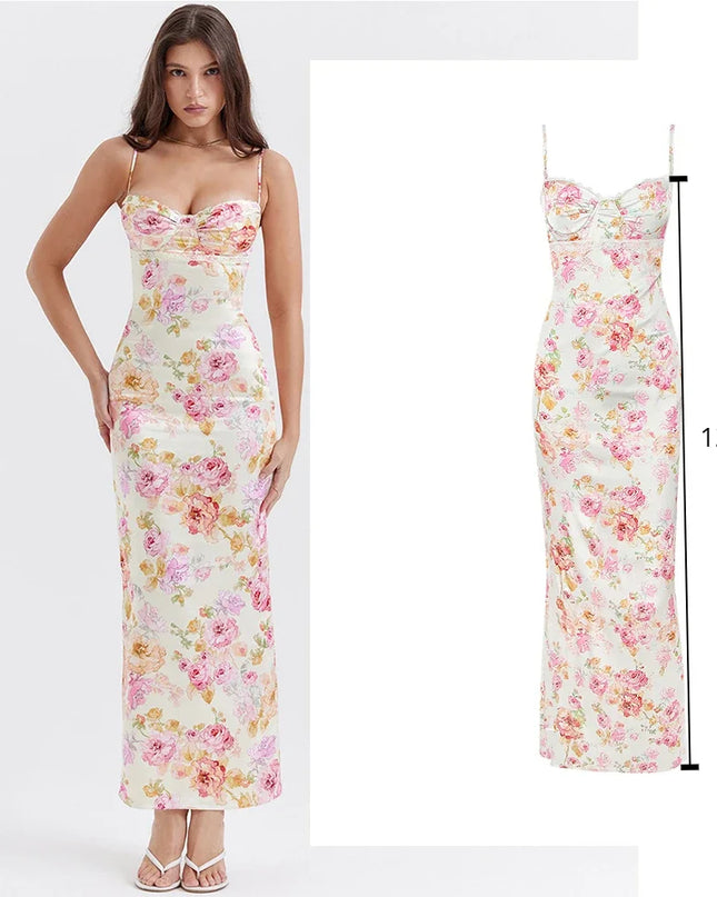 Spaghetti Strap Lace Print Midi Dress for Women Robe Strapless Backless High Waist Bodycon Club Party Long Dress