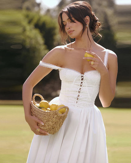 Mingmingxi Elegant and Beautiful Women'S Dresses 2024 White Midi Jacquard Dress Sexy Lace up Party Dresses Women'S Clothing