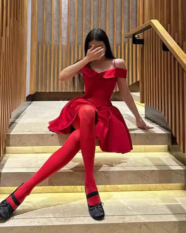 Summer Elegant Dresses for Women Red off the Shoulder Bodycon Party Dresses Mini Casual a Line Fluffy Dress for Holiday