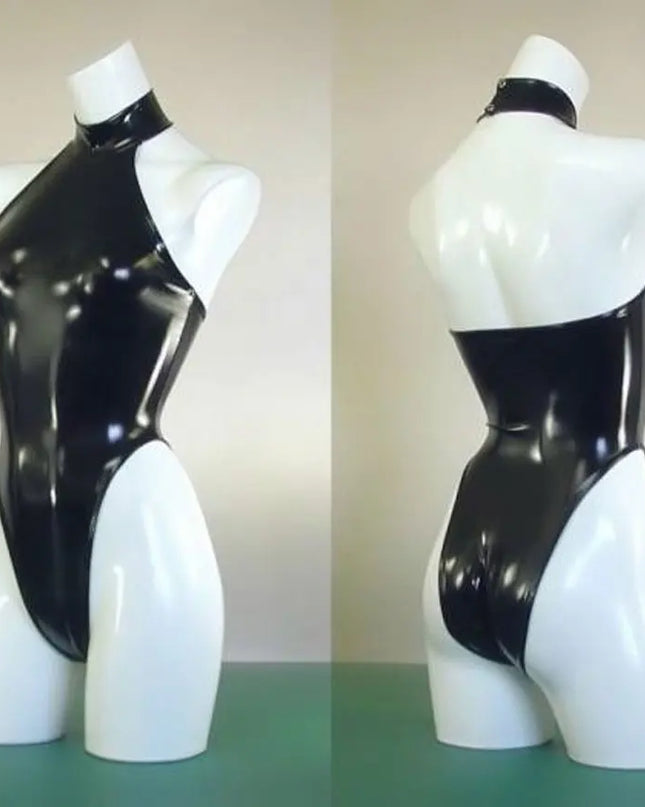 Sexy High Cut Swimsuit High Neck Halter Bodysuit Black One Piece Swimwear Body Suit Latex Catsuit Sexy Night Club Dance Wear