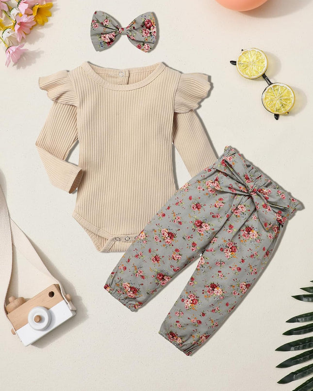 Newborn Baby Girl Clothes Ribbed Ruffle Sleeve Romper + Floral Pants + Headband Cute Infant Baby Girl Outfit 3Pcs