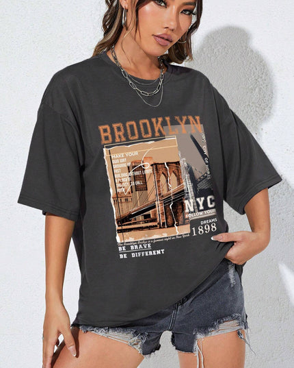 INAWLY Street View and Slogan Graphic Drop Shoulder Tee MAKE YOUR OWN WAY GROWING up FAST BUILDING without LIMITS a PLACE in the CITY to CALL HOME CITY of HOMES NYC FOLLOW YOUR DREAMS 1898 the Brooklyn Bridge Is a Famous Sight in New York BE BRAVE BE DIFFERENT Graphic Tees Women Tops