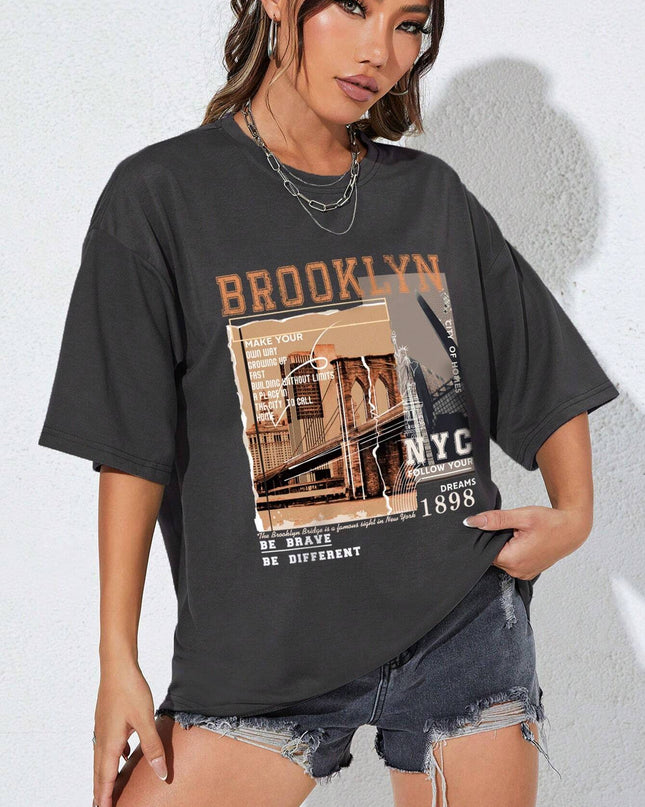 INAWLY Street View and Slogan Graphic Drop Shoulder Tee MAKE YOUR OWN WAY GROWING up FAST BUILDING without LIMITS a PLACE in the CITY to CALL HOME CITY of HOMES NYC FOLLOW YOUR DREAMS 1898 the Brooklyn Bridge Is a Famous Sight in New York BE BRAVE BE DIFFERENT Graphic Tees Women Tops