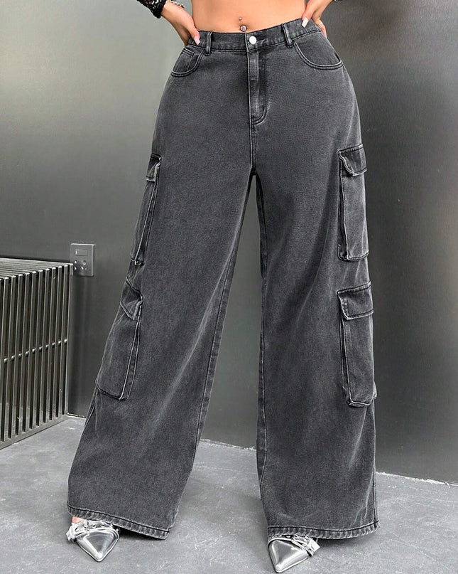 SHEIN ICON Y2K High Waist Black Cargo Pocket plus Size Straight Leg Jeans, Fall Women Clothes