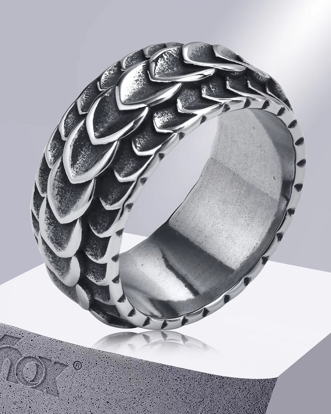 Rock Punk Viking Dragon Carved Surface Rings for Men Jewelry,Vintage Silver Color Stainless Steel Male Finger Bands