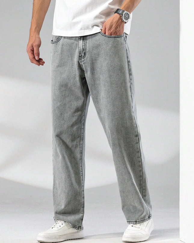 Manfinity Hypemode Men\ Solid Straight Leg Jeans, Grey Baggy Jeans Men, Loose Jeans Pants for Men, Men'S Grey Jeans, Baggy Jeans