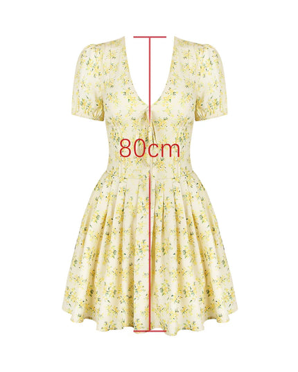 Fashion Summer Dresses 2024 Yellow Flower Print Party Dresses Elegant Puff Sleeve Birthday Holiday Dress Women'S Clothing