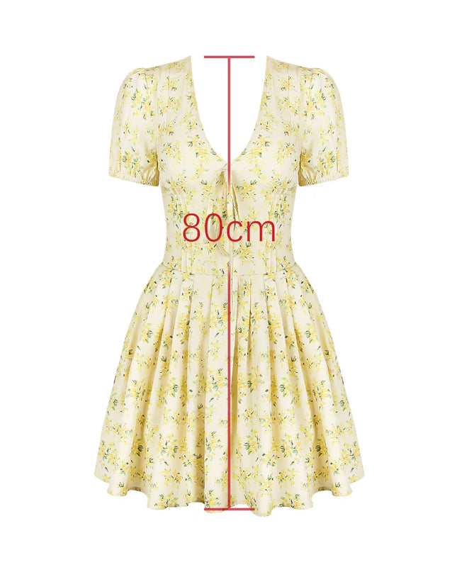 Fashion Summer Dresses 2024 Yellow Flower Print Party Dresses Elegant Puff Sleeve Birthday Holiday Dress Women'S Clothing