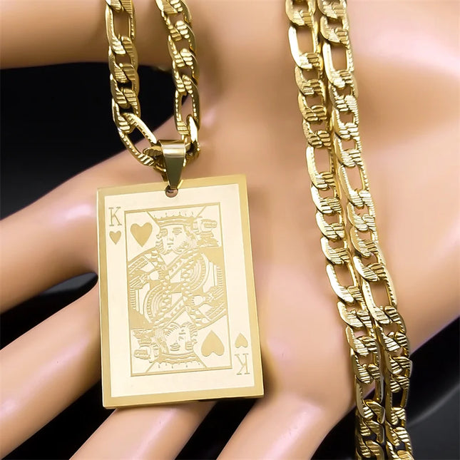 Poker King Spades Hearts K Pendant Necklace for Men Women Stainless Steel Gold Color Hip Hop Punk Necklaces Jewelry N7434S05