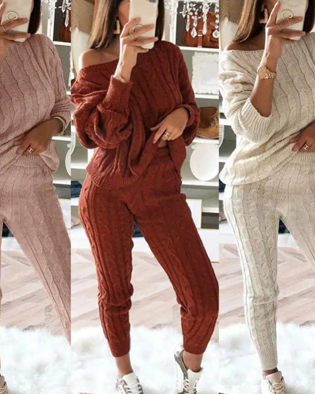 Hot Sale 2 Pieces Women'S Suit Winter Solid Color Knitted Pants Suit Women'S Long-Sleeved Knitted Casual Two-Piece Thick Sweater
