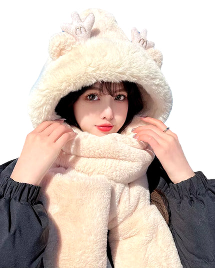 Dragon Horn Bear Hat Scarf One Female Winter Adult Gloves Cycling Thick Dragon Treasure 3-In-1 Small Antler Hat