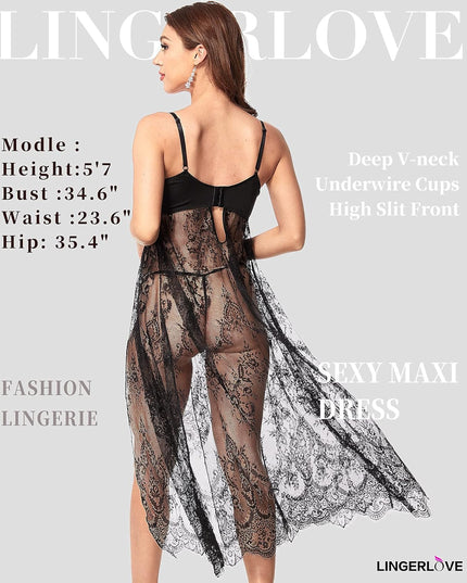 Women Sexy Lingerie Lace High Slit Maxi Long Gown Sheer Dress with Underwire S-4XL